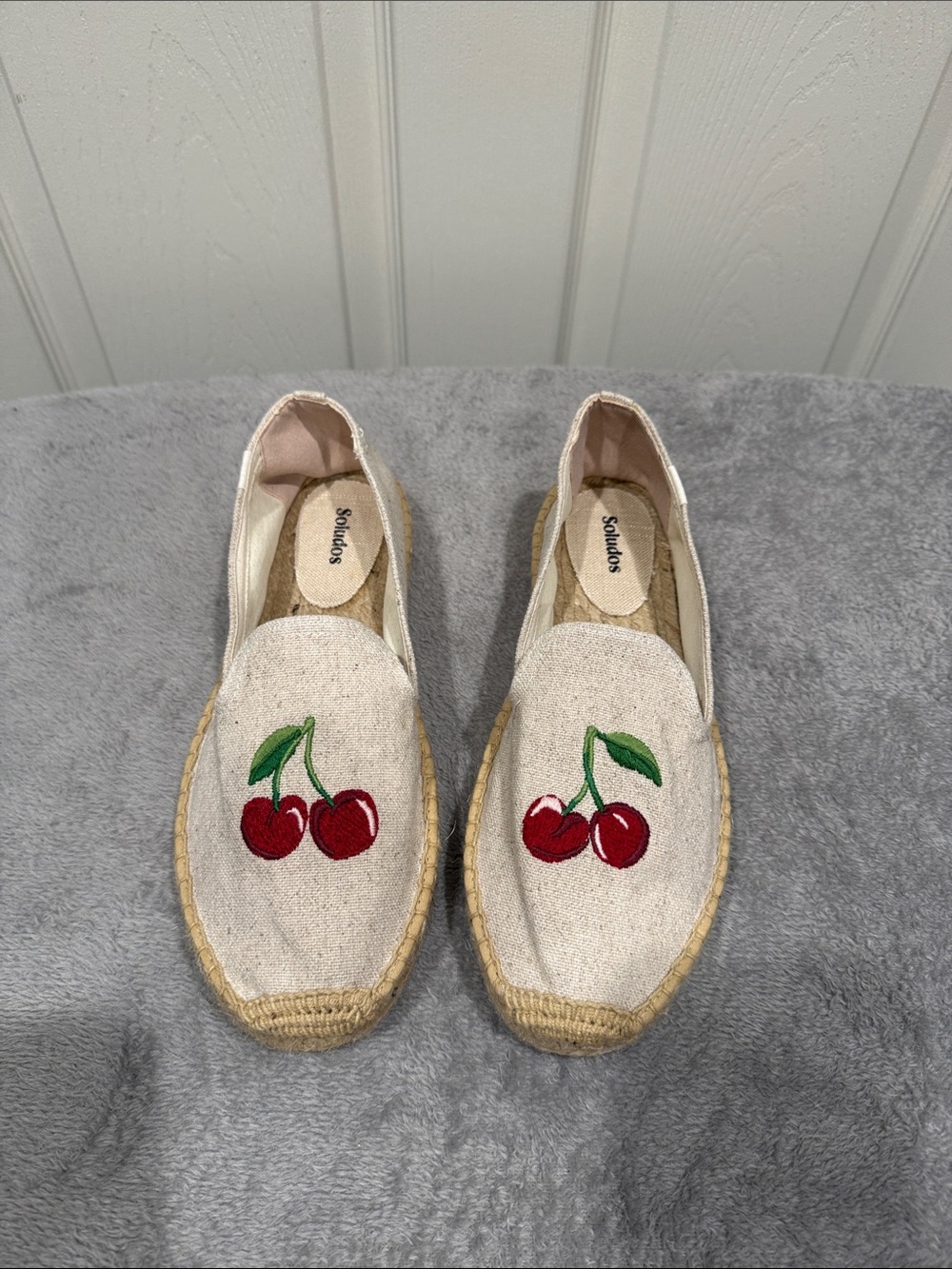 Soludos Natural Canvas Espadrilles with Red Cherry Embroidery